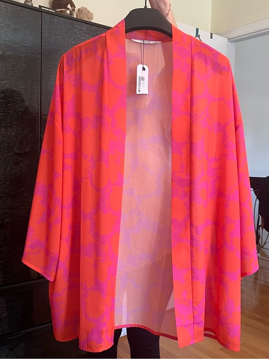 Sweaters - Bright Orange-Pink Floral Beach Cover-Up Kimono Cardigan